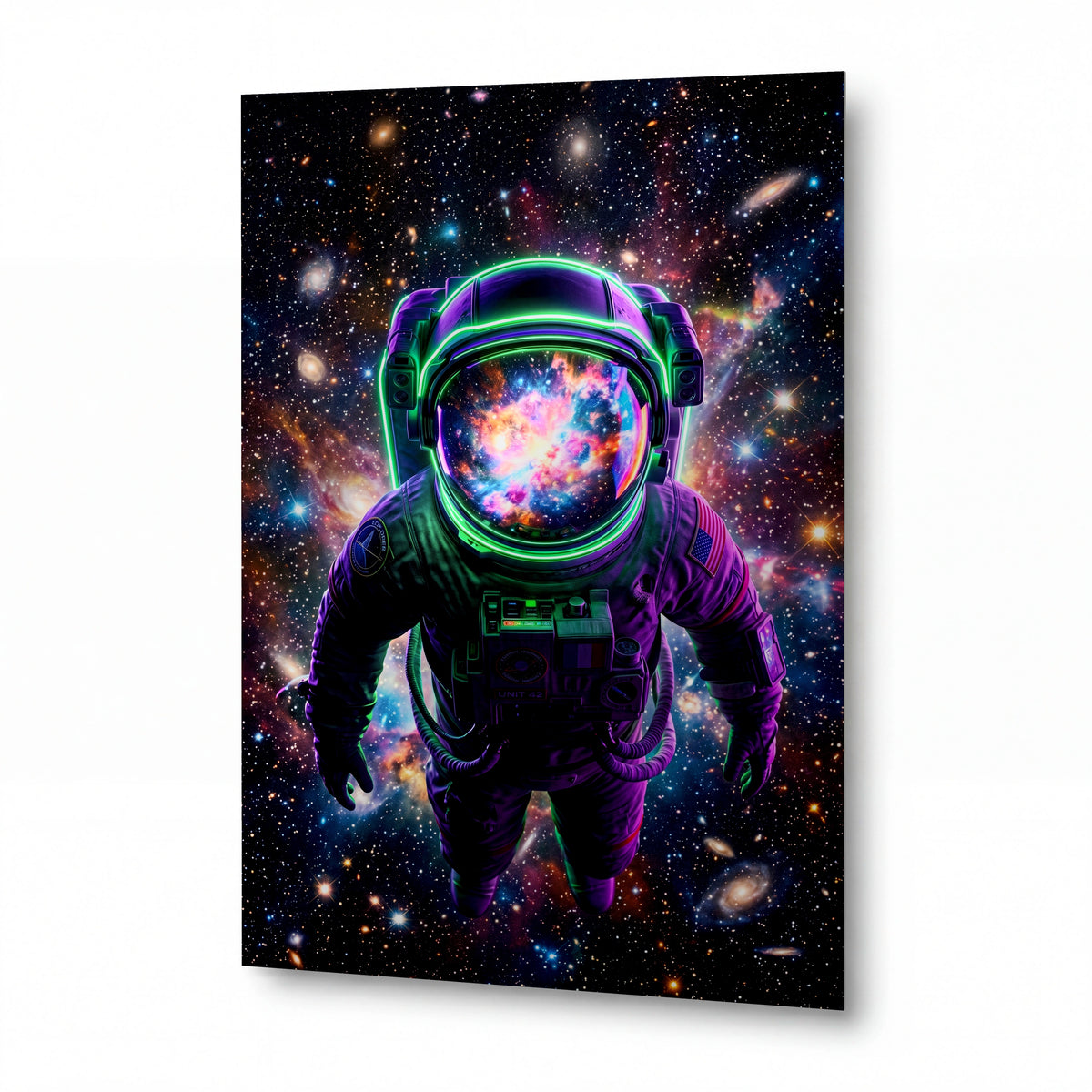 Obraz Obraz Astronaut s mlhovinou v přilbě — kovový obraz na hliníkovém panelu s vysokým leskem