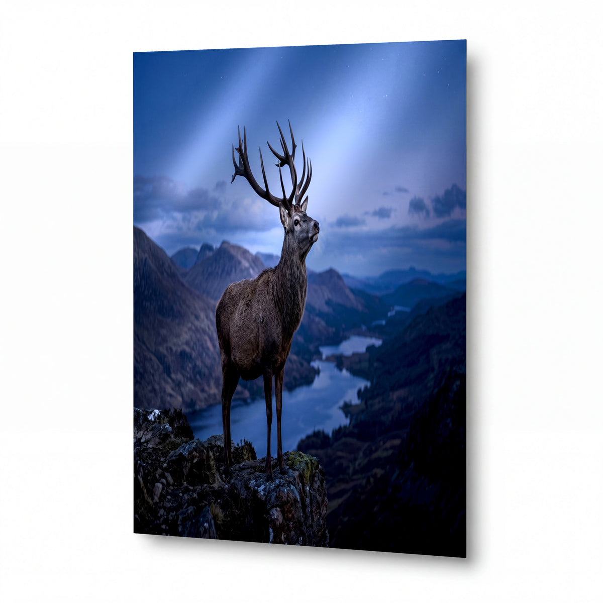 Obraz Jelen v horském soumraku — kovový obraz, vysoký lesk