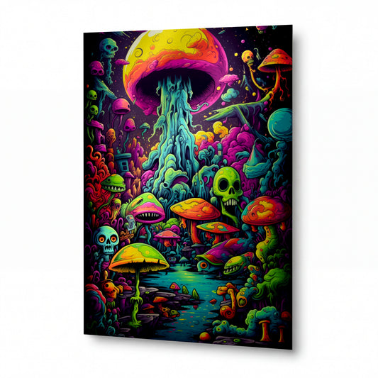 Obraz Psychedelická houbová říše s tajemnou lebkou — kovový obraz na hliníkovém panelu s vysokým leskem