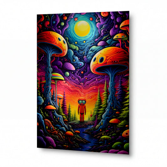 Obraz Poutník v psychedelickém houbovolesí pod barevným měsícem — kovový obraz na hliníkovém panelu s vysokým leskem
