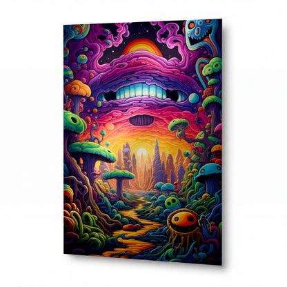 Obraz Brána do psychedelické houbaté říše — kovový obraz na hliníkovém panelu s vysokým leskem