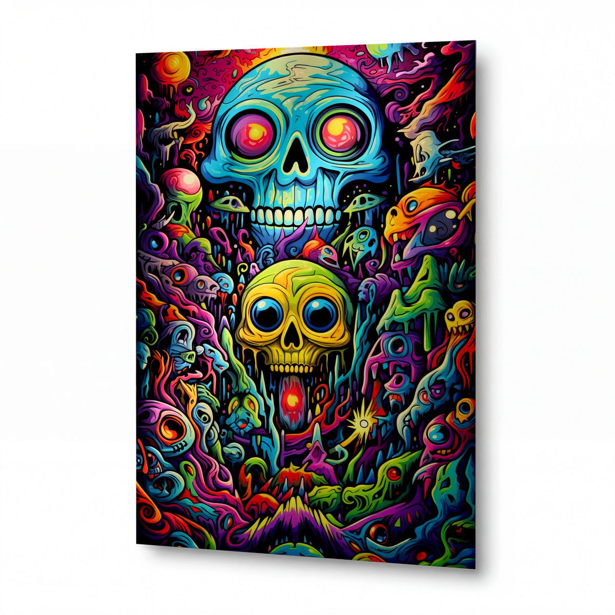 Obraz Psychedelické lebky v kosmickém víru — kovový obraz na hliníkovém panelu s vysokým leskem