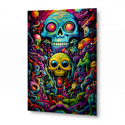 Obraz Psychedelické lebky v kosmickém víru — kovový obraz na hliníkovém panelu s vysokým leskem