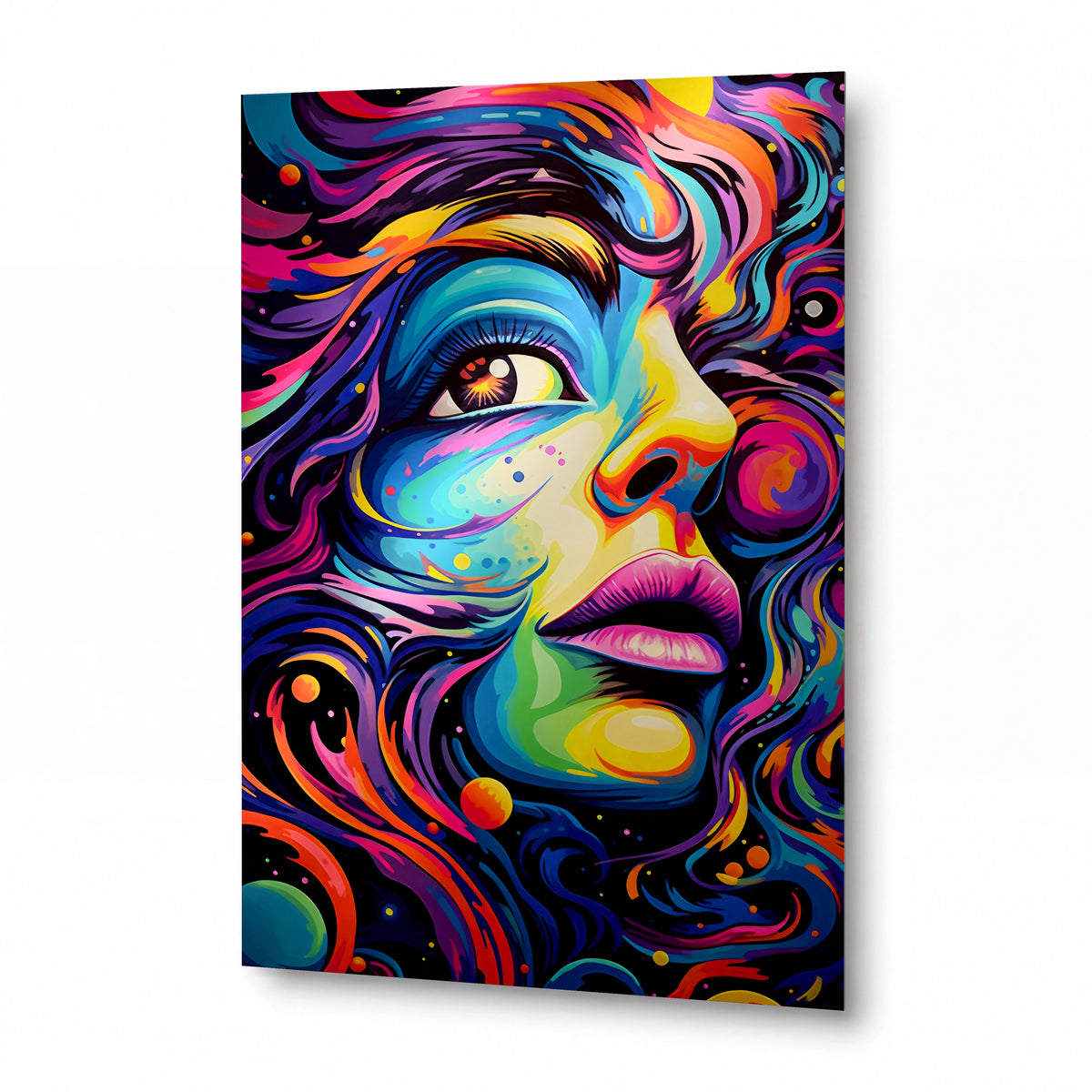 Obraz Ženská tvář v psychedelickém víru barev — kovový obraz na hliníkovém panelu s vysokým leskem