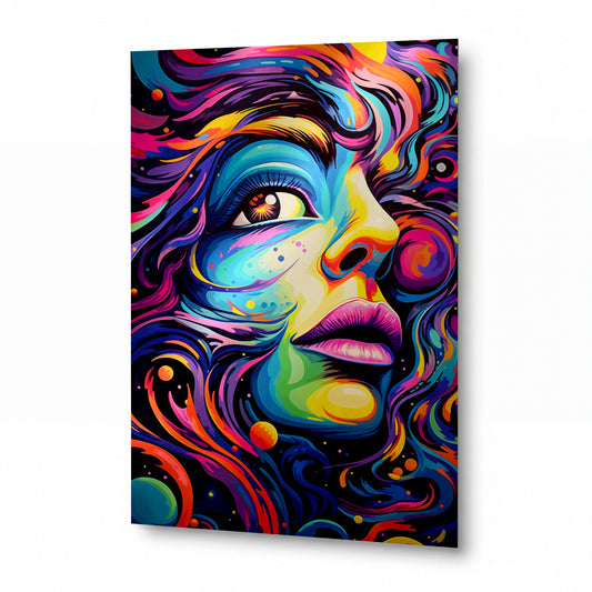 Obraz Ženská tvář v psychedelickém víru barev — kovový obraz na hliníkovém panelu s vysokým leskem
