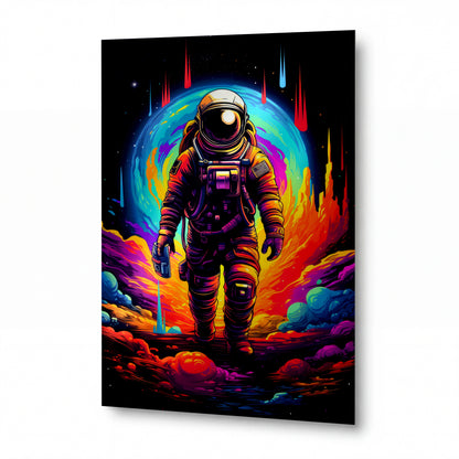 Obraz Astronaut v plameni vesmírného úsvitu — kovový obraz na hliníkovém panelu s vysokým leskem