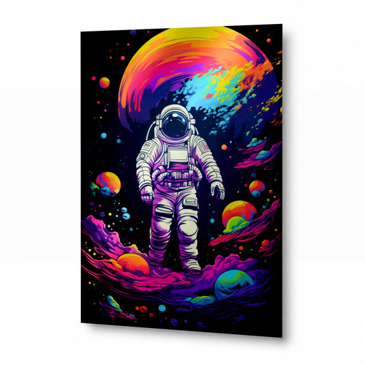 Obraz Astronaut v kosmickém víru duhových planet — kovový obraz na hliníkovém panelu s vysokým leskem