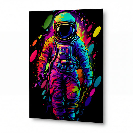 Obraz Astronaut v duhové explozi — kovový obraz na hliníkovém panelu s vysokým leskem