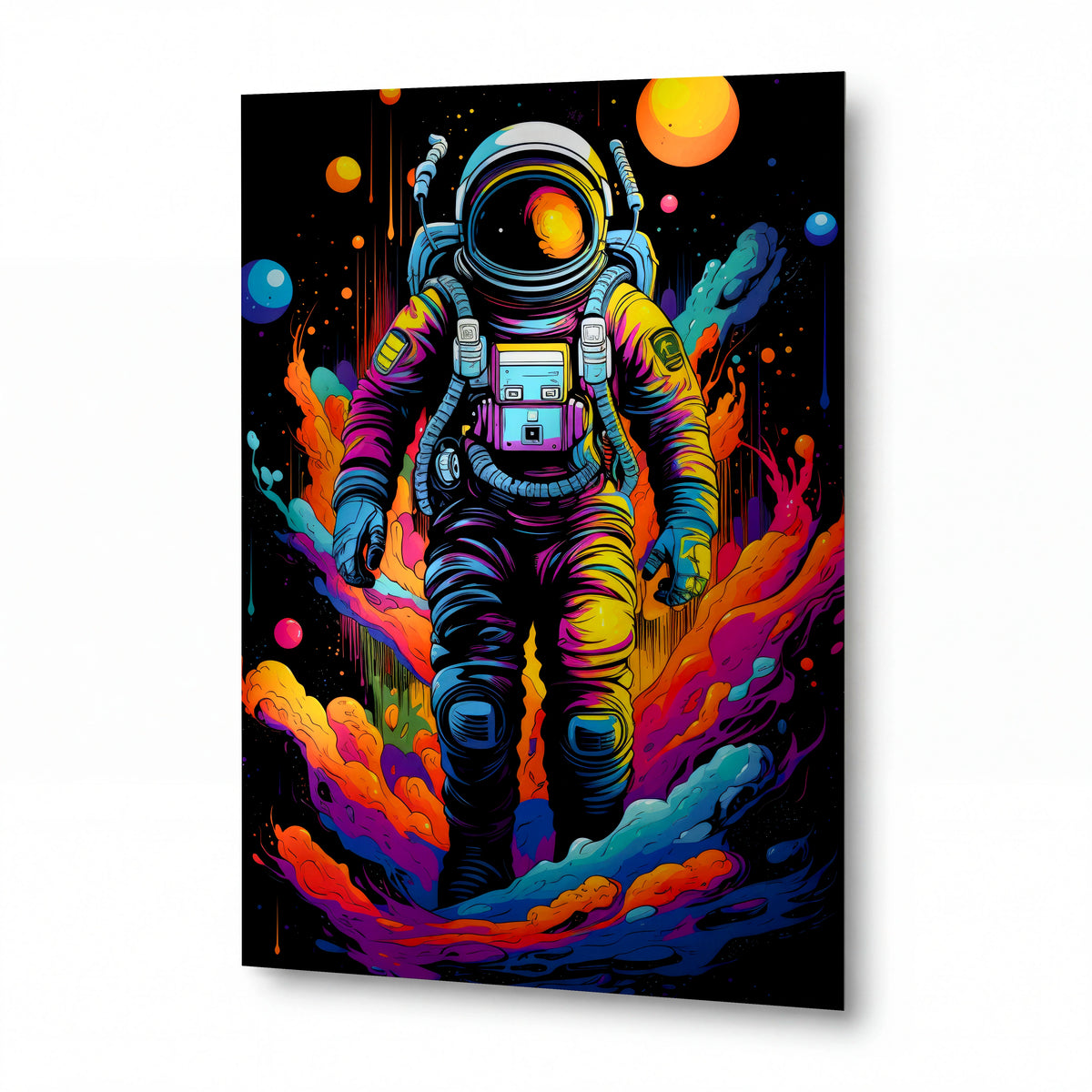 Obraz Astronaut v psychedelickém požáru kosmických barev — kovový obraz na hliníkovém panelu s vysokým leskem