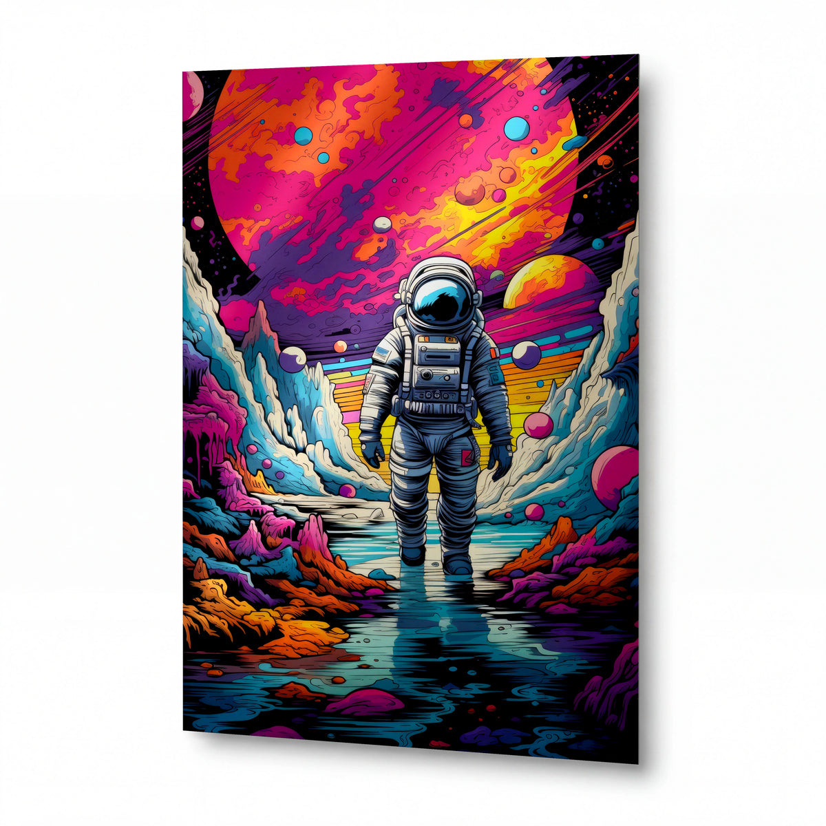 Obraz Astronaut v psychedelickém proudu — luxusní obraz na hliníkovém panelu — kovový obraz na hliníkovém panelu s vysokým leskem