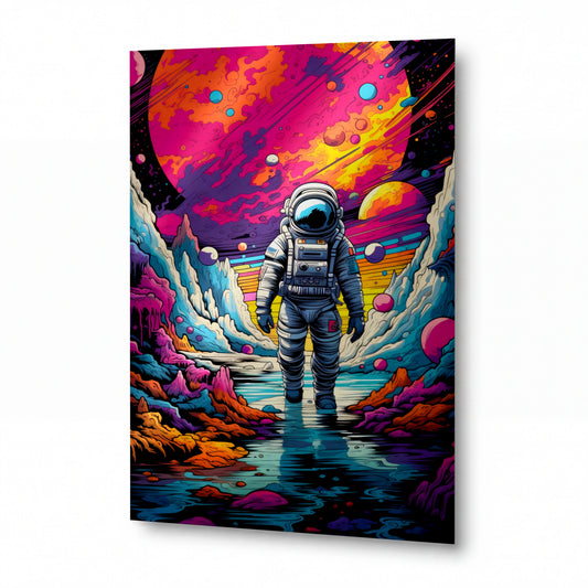 Obraz Astronaut v psychedelickém proudu — luxusní obraz na hliníkovém panelu — kovový obraz na hliníkovém panelu s vysokým leskem