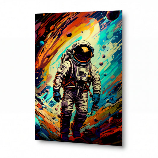 Obraz Astronaut v bouři barevných meteorů — kovový obraz na hliníkovém panelu s vysokým leskem