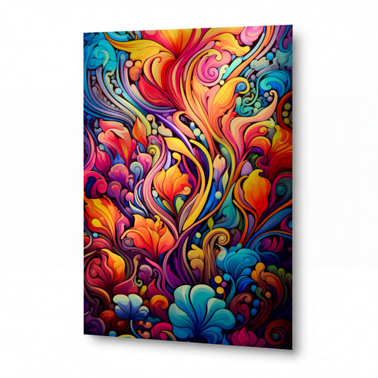 Obraz Tančící plamenokvěty v barevném víru — kovový obraz na hliníkovém panelu s vysokým leskem