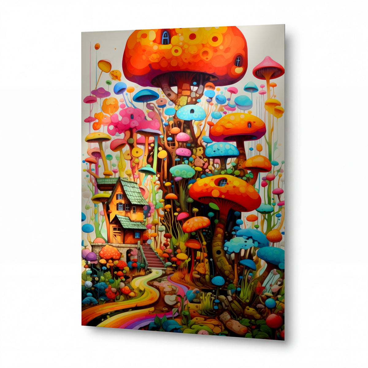 Obraz Houbový sen s duhovou cestou — kovový obraz na hliníkovém panelu s vysokým leskem