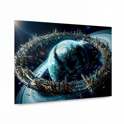 Obraz Orbitální město obklopující planetu — kovový obraz na hliníkovém panelu s vysokým leskem