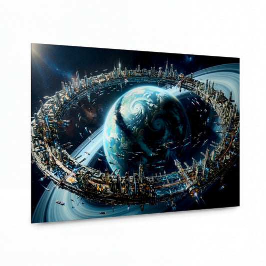 Obraz Orbitální město obklopující planetu — kovový obraz na hliníkovém panelu s vysokým leskem