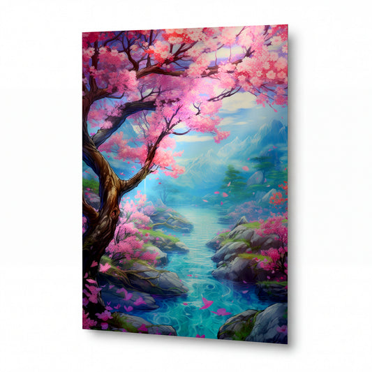 Obraz Sakurový potok v horské zátoce — kovový obraz na hliníkovém panelu s vysokým leskem