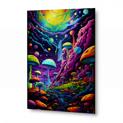 Obraz Psychedelická houbová zahrada pod kosmickým svitem — kovový obraz na hliníkovém panelu s vysokým leskem