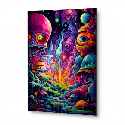 Obraz Setkání kosmických bytostí nad psychedelickou krajinou — kovový obraz na hliníkovém panelu s vysokým leskem