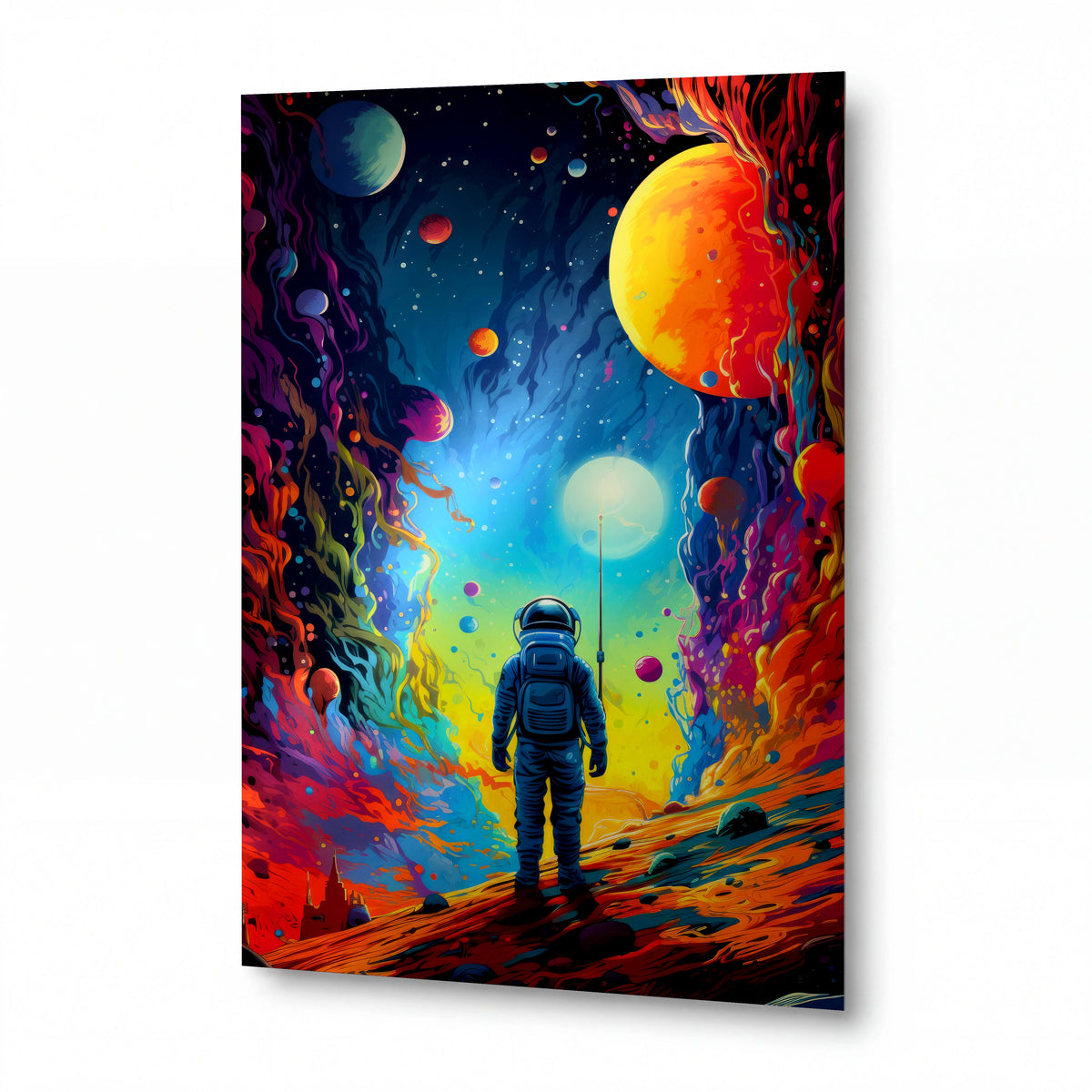 Obraz Astronaut v bráně plamenů a planet — kovový obraz na hliníkovém panelu s vysokým leskem