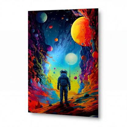 Obraz Astronaut v bráně plamenů a planet — kovový obraz na hliníkovém panelu s vysokým leskem