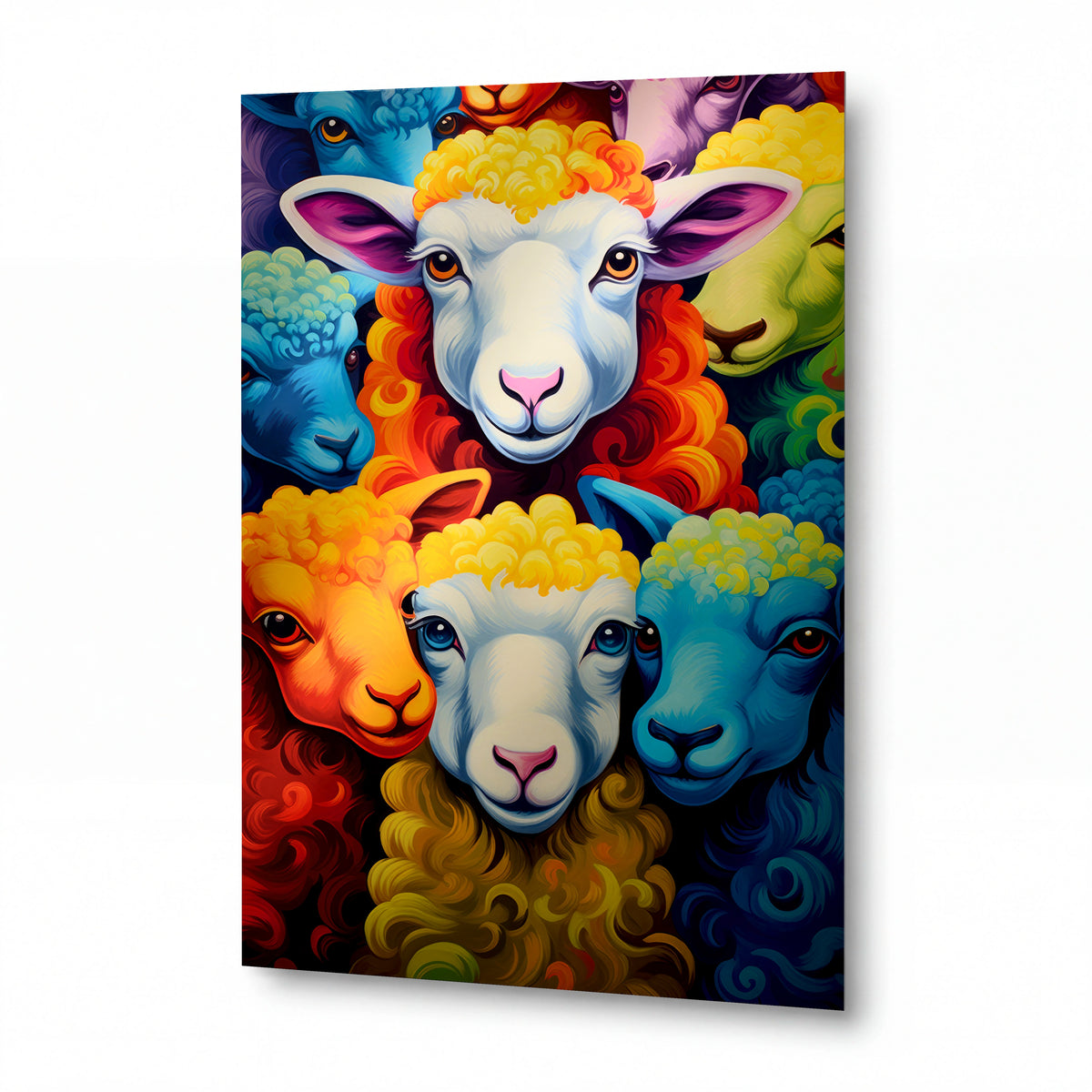 Obraz Ovčí stádo v duhovém chumlu — kovový obraz na hliníkovém panelu s vysokým leskem