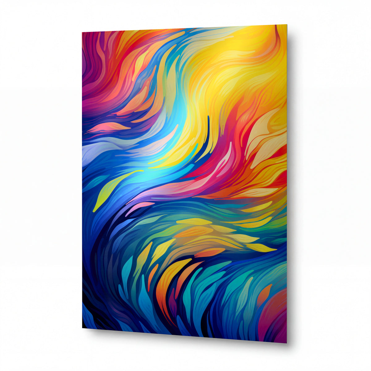 Obraz Ohnivé peří fénixe v barevném tanci — kovový obraz na hliníkovém panelu s vysokým leskem