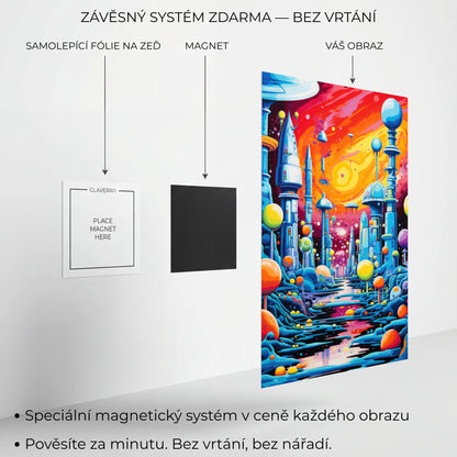 Magnetický systém uchycení kovového obrazu bez vrtání