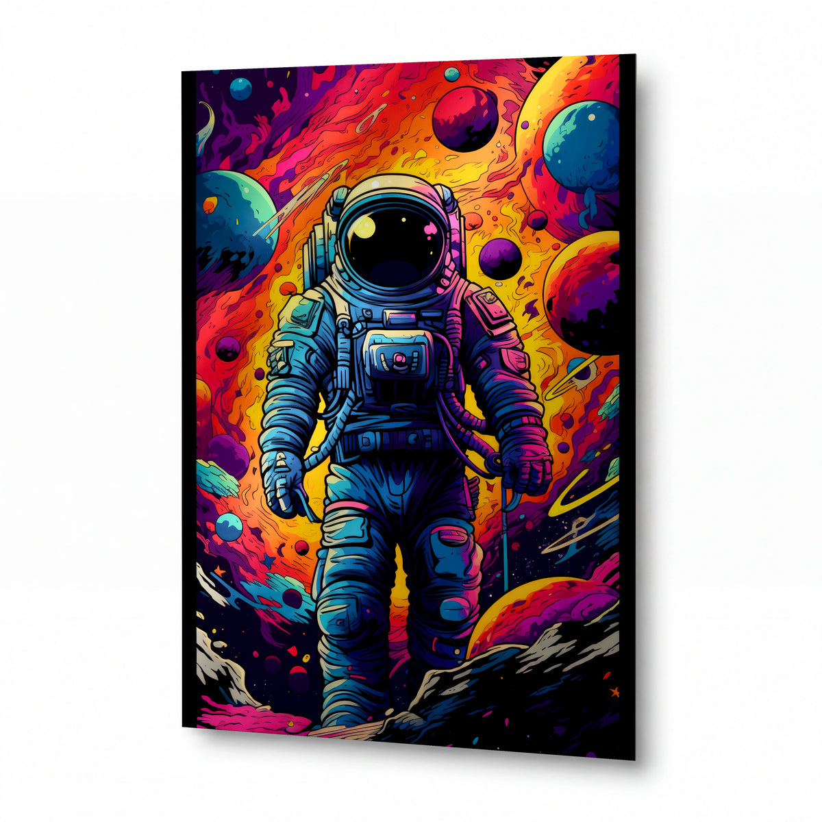 Obraz Astronaut v psychedelickém vesmírném víru — kovový obraz na hliníkovém panelu s vysokým leskem