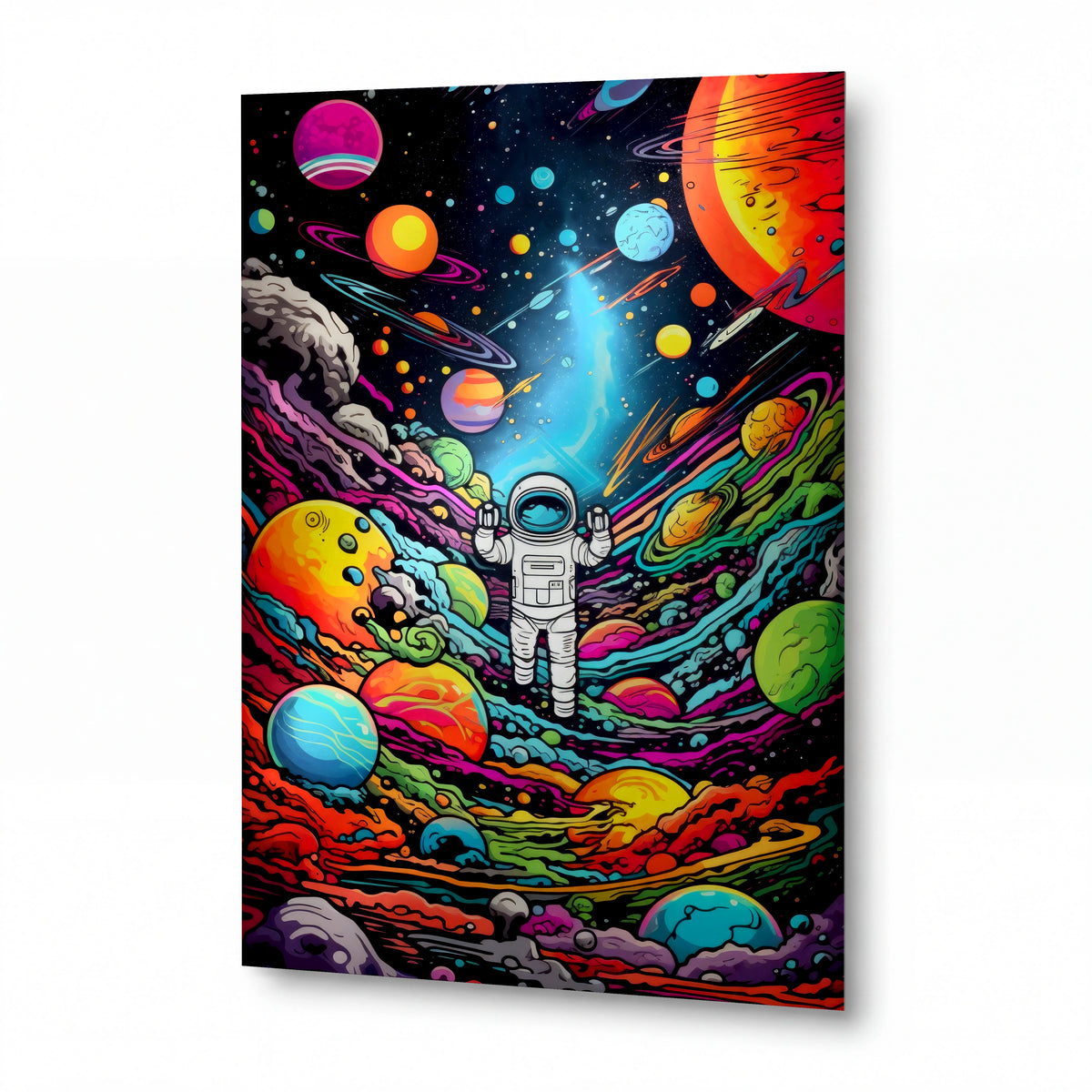 Obraz Astronaut ve víru barevných planet — kovový obraz na hliníkovém panelu s vysokým leskem