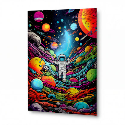 Obraz Astronaut ve víru barevných planet — kovový obraz na hliníkovém panelu s vysokým leskem