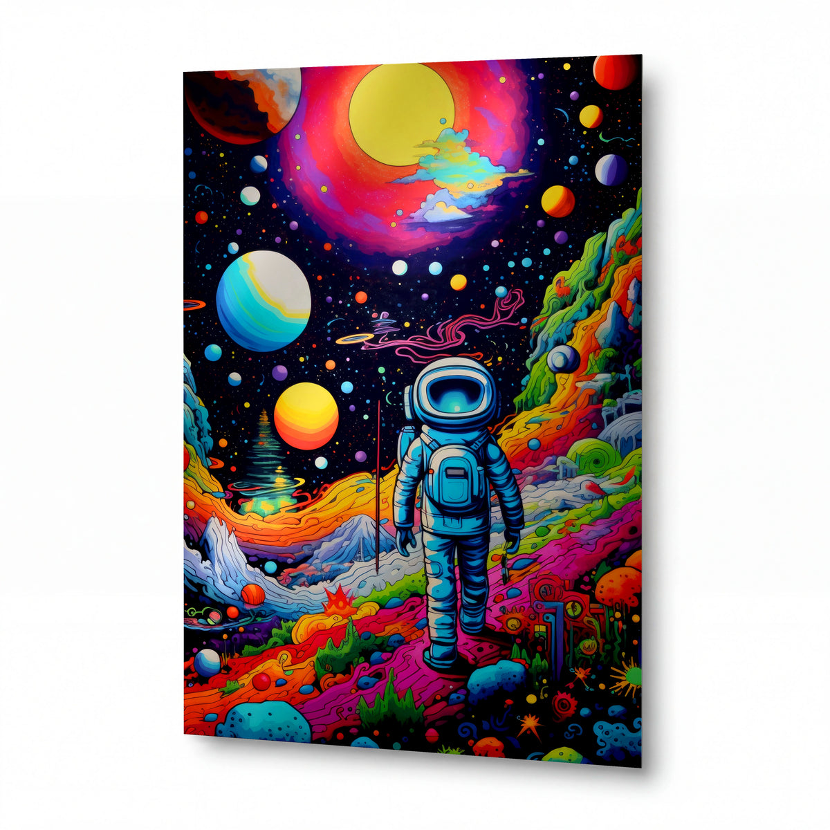 Obraz Astronaut v duhové galaxii — kovový obraz na hliníkovém panelu s vysokým leskem