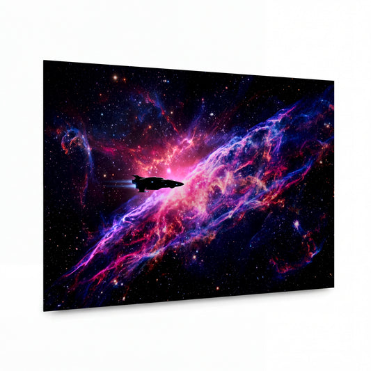 Obraz Osamělá loď v růžové mlhovině — kovový obraz na hliníkovém panelu s vysokým leskem