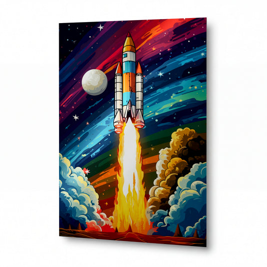 Obraz Start rakety skrz duhové víry vesmíru — kovový obraz na hliníkovém panelu s vysokým leskem