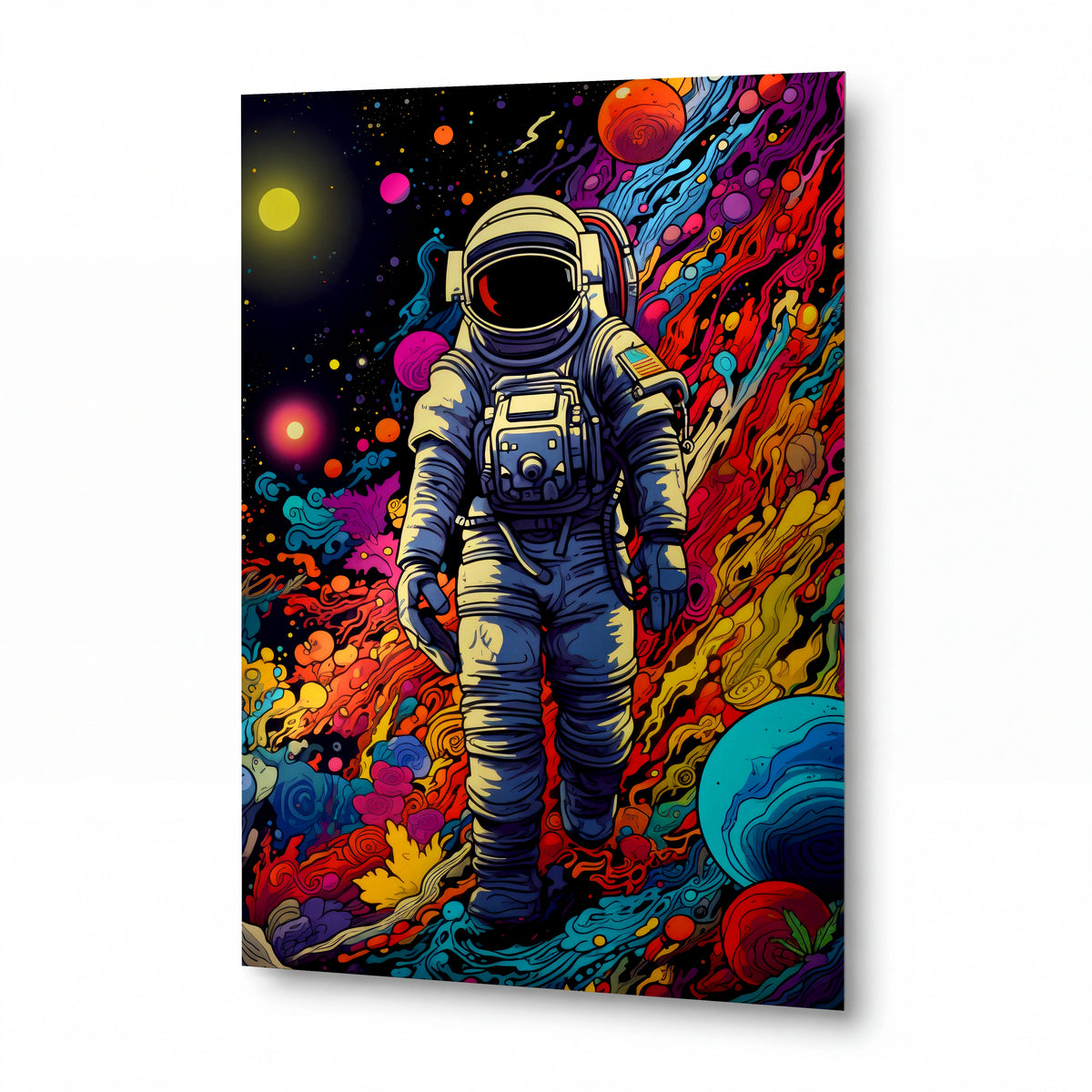 Obraz Astronaut v proudech duhového kosmu — kovový obraz na hliníkovém panelu s vysokým leskem