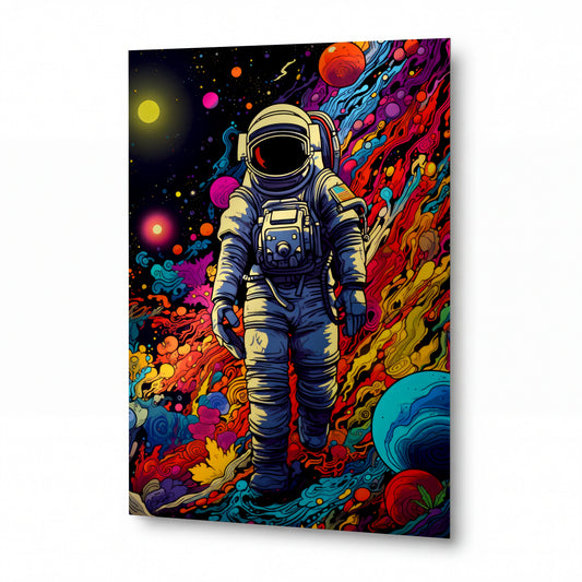 Obraz Astronaut v proudech duhového kosmu — kovový obraz na hliníkovém panelu s vysokým leskem