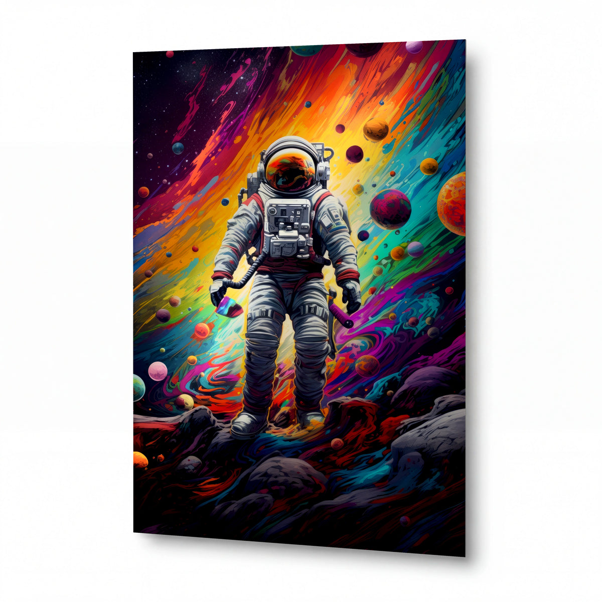 Obraz Astronaut v duhové bouři planet — kovový obraz na hliníkovém panelu s vysokým leskem