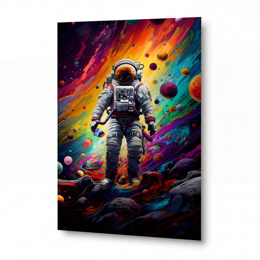 Obraz Astronaut v duhové bouři planet — kovový obraz na hliníkovém panelu s vysokým leskem