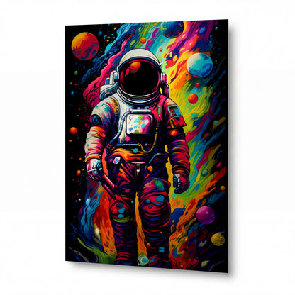 Obraz Astronaut v duhové bouři — kovový obraz na hliníkovém panelu s vysokým leskem