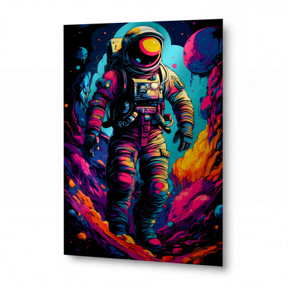 Obraz Astronaut v kosmickém víru barev — kovový obraz na hliníkovém panelu s vysokým leskem