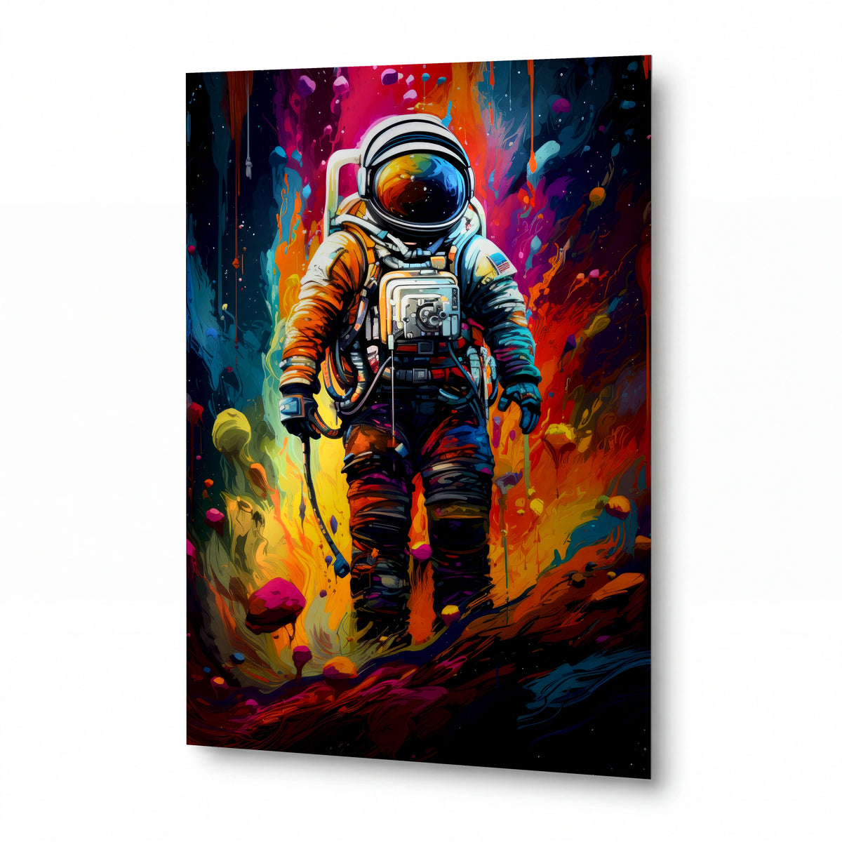 Obraz Astronaut v bouři zářivých barev — kovový obraz na hliníkovém panelu s vysokým leskem