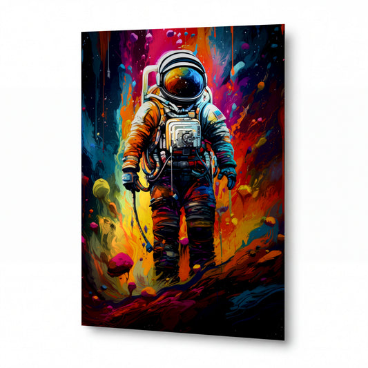 Obraz Astronaut v bouři zářivých barev — kovový obraz na hliníkovém panelu s vysokým leskem