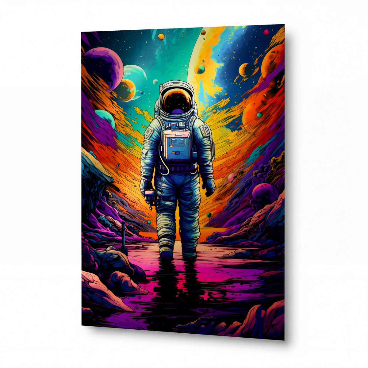 Obraz Astronaut v barvách nového světa — kovový obraz na hliníkovém panelu s vysokým leskem