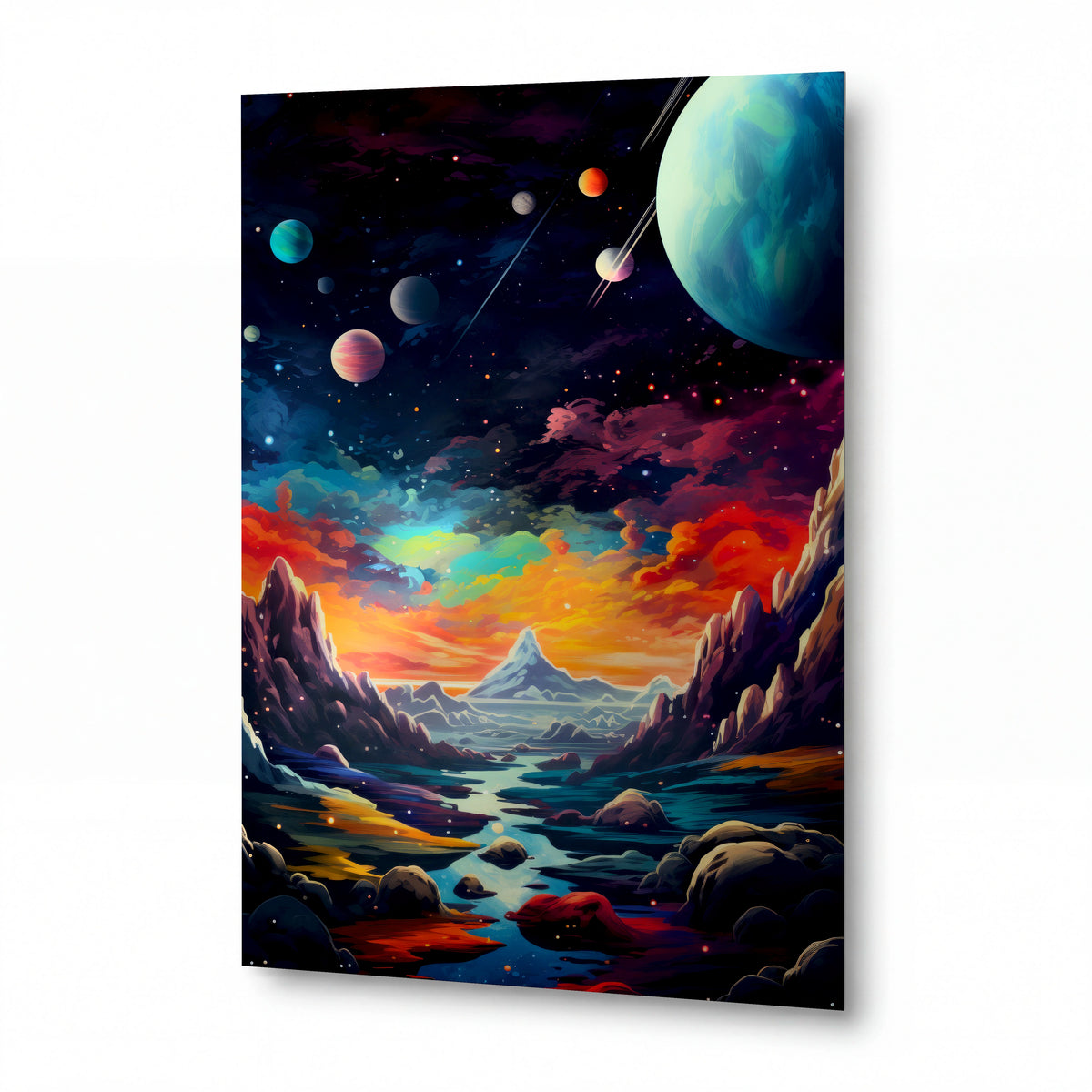 Obraz Planetární sen nad ohnivým údolím — kovový obraz na hliníkovém panelu s vysokým leskem