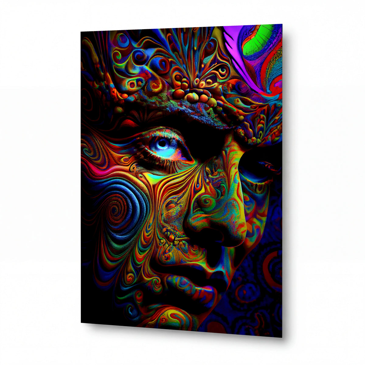 Obraz Psychedelická tvář s duhovým pohledem — kovový obraz na hliníkovém panelu s vysokým leskem