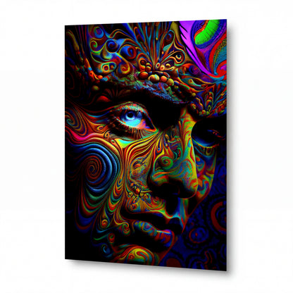 Obraz Psychedelická tvář s duhovým pohledem — kovový obraz na hliníkovém panelu s vysokým leskem