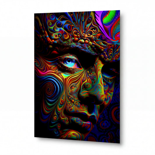 Obraz Psychedelická tvář s duhovým pohledem — kovový obraz na hliníkovém panelu s vysokým leskem
