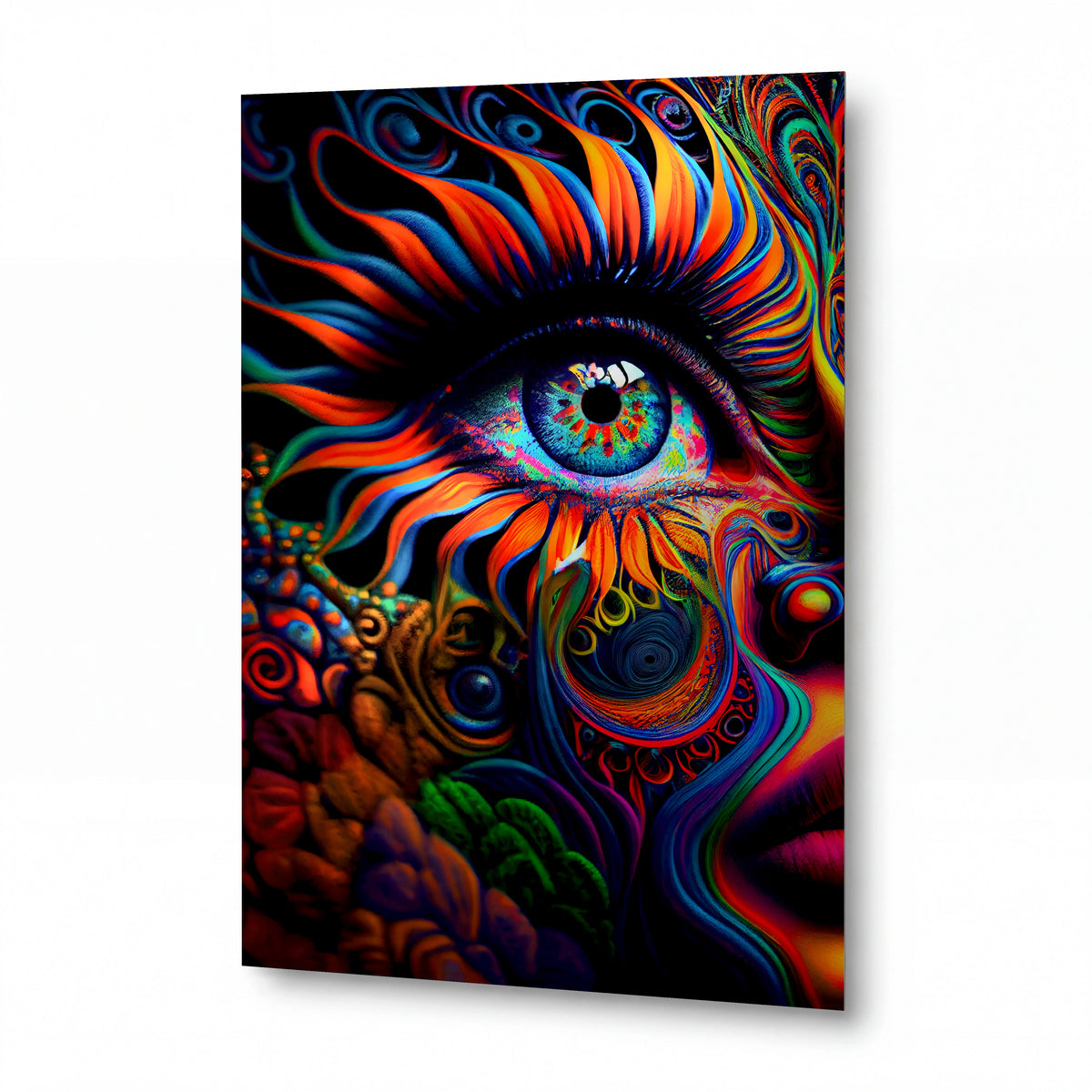 Obraz psychedelický vír pestrých ornamentů kolem modrého oka — kovový obraz na hliníkovém panelu s vysokým leskem