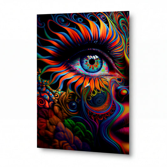 Obraz psychedelický vír pestrých ornamentů kolem modrého oka — kovový obraz na hliníkovém panelu s vysokým leskem