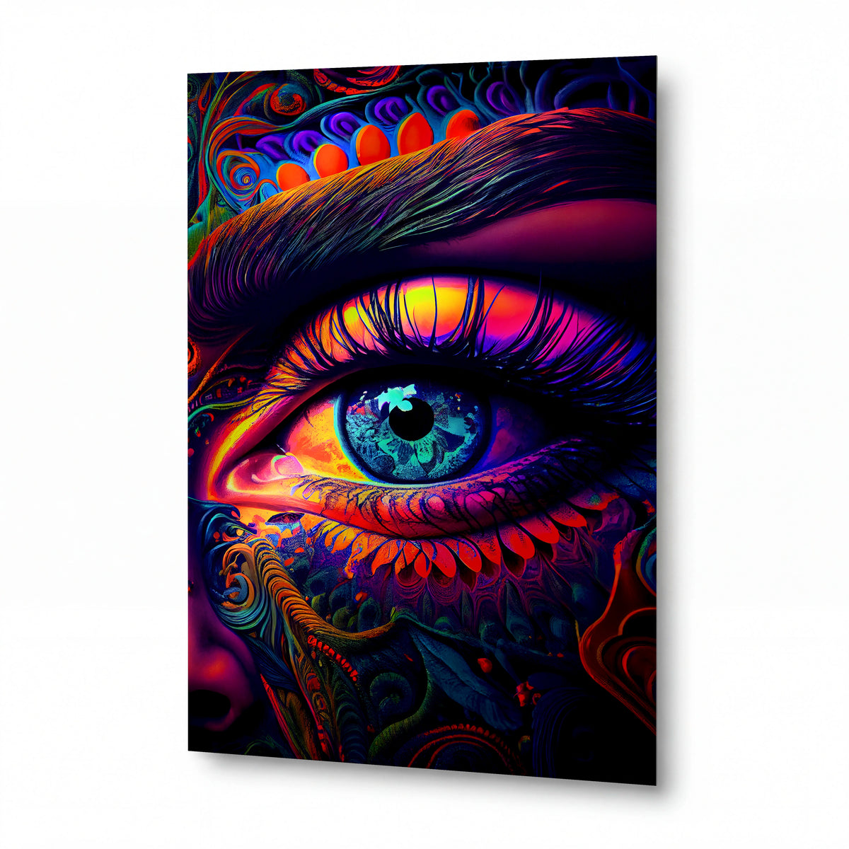 Obraz Oko v psychedelických vlnách duhy — kovový obraz na hliníkovém panelu s vysokým leskem